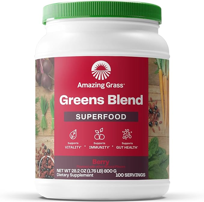 Amazing Grass Greens Blend Superfood: Super Greens Powder with Spirulina, Chlorella, Beet Root Powder, Digestive Enzymes, Prebiotics & Probiotics, Berry, 100 Servings (Packaging May Vary)