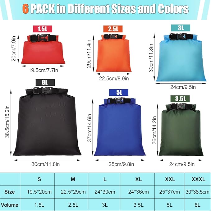 6Pack Waterproof Dry Bags,Ultimate Dry Sack,Lightweight Outdoor Dry Sacks,Multicolour Dry Bag for Kayaking Hiking Rafting Boating Camping Swimming Travel(1.5L, 2.5L, 3L, 3.5L, 5L, 8L)