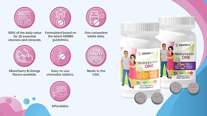BariatricPal Multivitamin ONE 1 per Day! Bariatric Multivitamin Chewable with 45mg Iron - Mixed Berry (30 Count)
