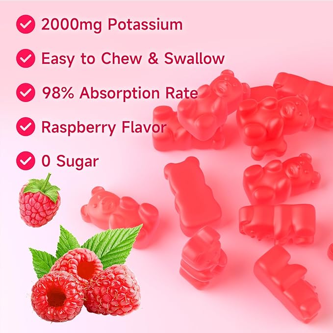 Potassium Gummies for Women & Men, High Dose Potassium Supplement 2000mg Supports Muscle Cramps & Electrolyte Balance, Raspberry Flavor 60 Count