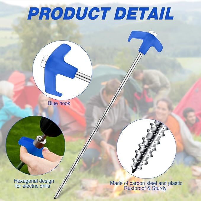 Hicarer 12 Inch Tent Stakes Screw in Camping Stakes Heavy Duty Metal Stake Ground Anchor Peg Threaded Tent Spikes with Hex Head Driver for Camping Garden Inflatable