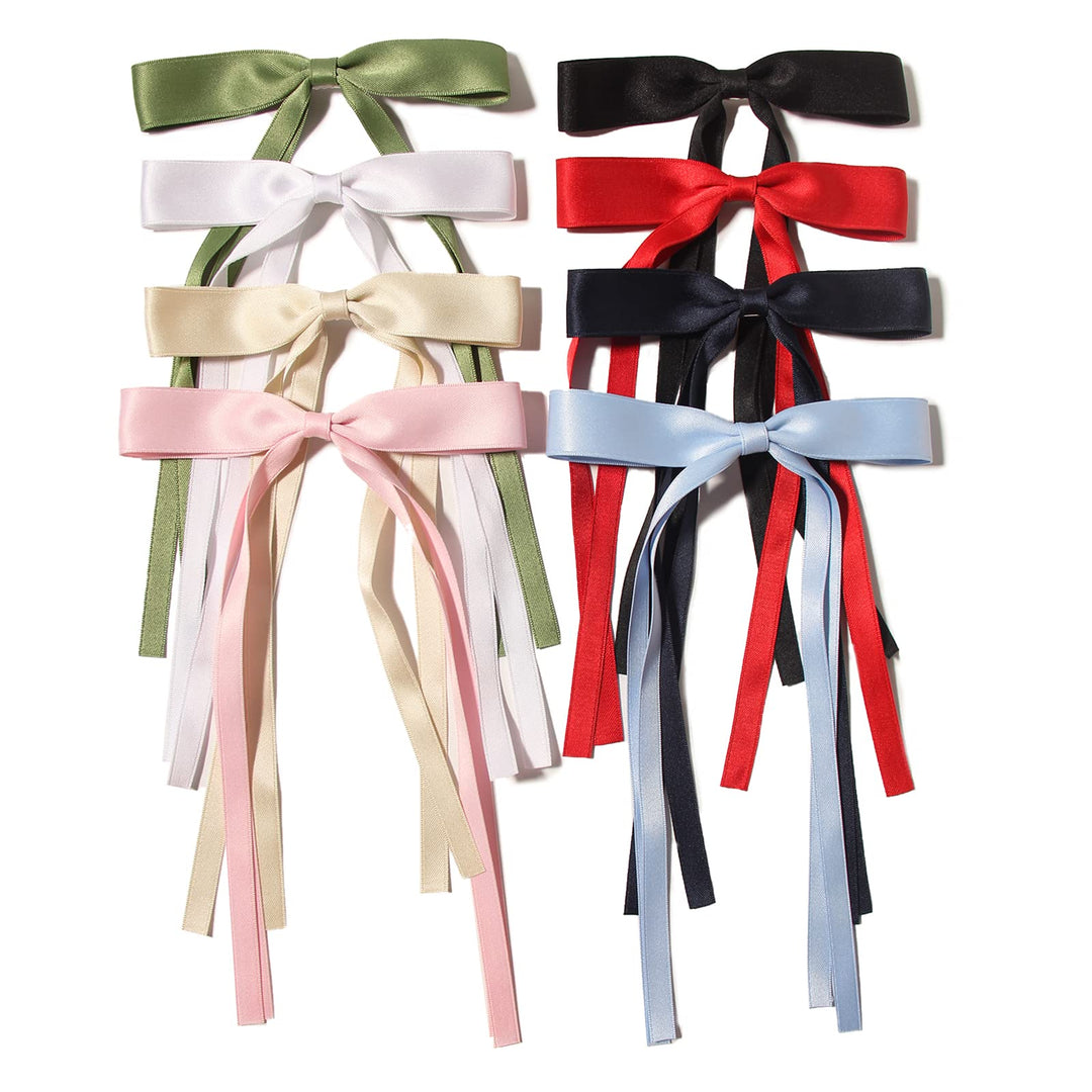 LFOUVRE 8pcs Long Tail Bow Hair Clips for Women - Ribbon Bowknot Barrettes with Tassel Claw for Hair Accessories