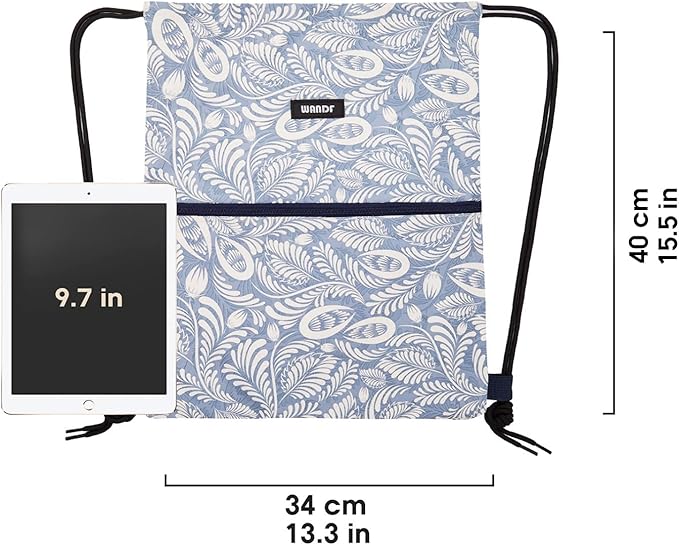 WANDF Drawstring Backpack String Bag Sackpack Cinch Water Resistant Nylon for Gym Shopping Sport Yoga (Light Blue Leaf with zipper)