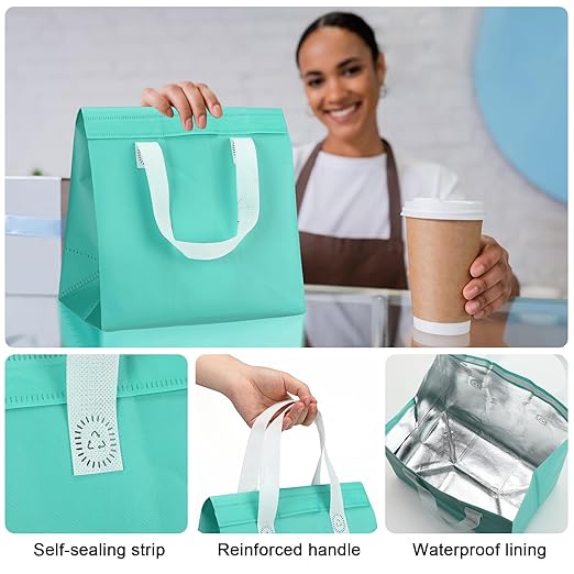 50 Pcs Insulated Take Away Bags Bulk Thermal Insulation Food for Coffee Milk Tea Hot Cold Food Fresh Seafood Cooler Pizza Delivery Bags for Catering Restaurant Grocery (Light Green)