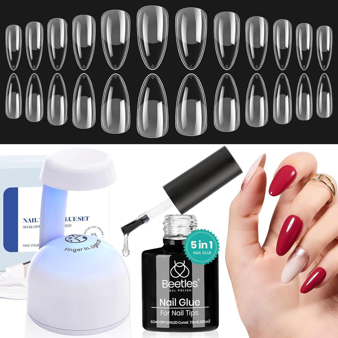 Beetles Gel Nail Kit Easy Nail Extension Set Etch X Nail Tips 500Pcs Half Matte Pre-Filed Medium Almond Nail Tips With 5 In 1 Mu