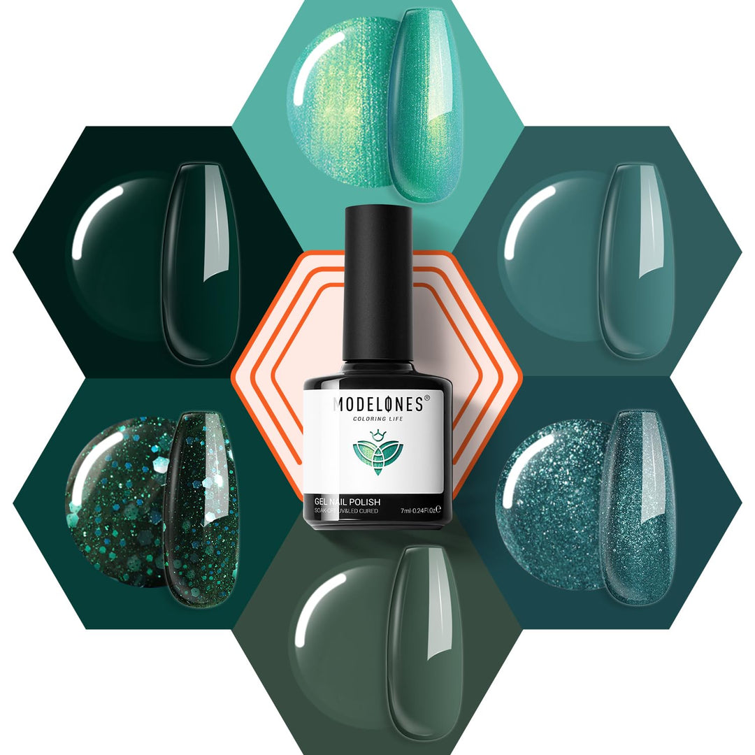 Modelones Ethereal Green Gel Nail Polish Set - 6 Colors Mermaid Lagoon Dark Green Gel Polish Kit Turquoise Glitter Gel Polish So