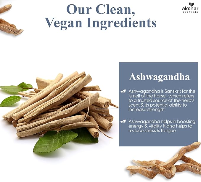 AKSHAR Ayurveda - Ashwagandha Capsules with Ashwagandha Root Extract and Powder - Adaptogenic Herbal Support - Vegan Cruelty-Free Ashwagandha Supplements (60 Count)