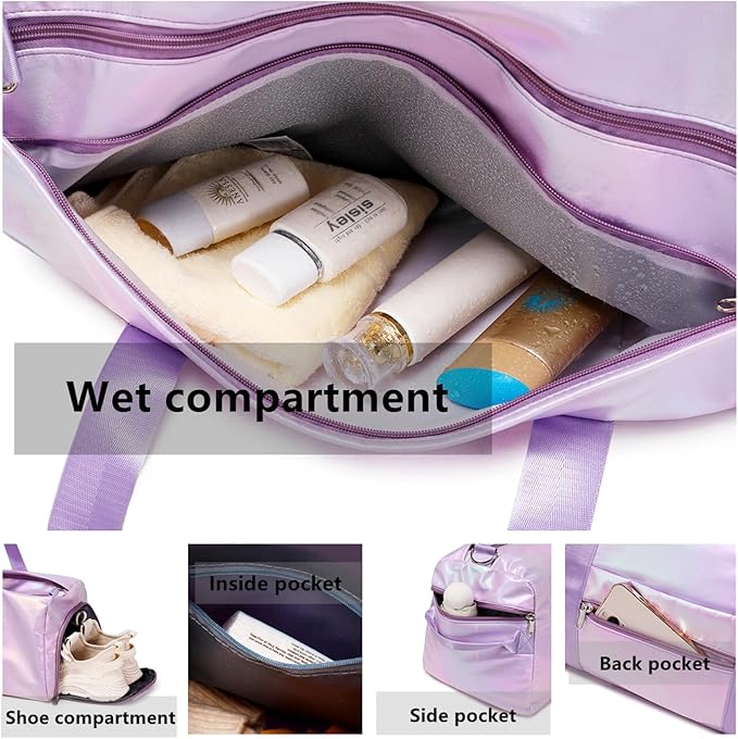 Girls Sports Duffel Bags Woman Travel Bag Overnight Duffle Bag Kids Sports Gym Bag With Shoe Compartment Wet Pocket (Matte Purple)