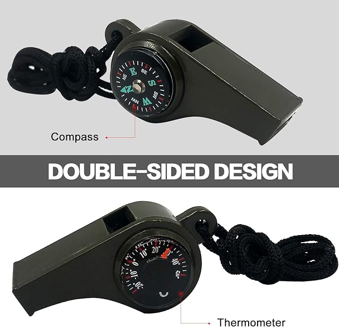 2 Pack Emergency Survival Whistle, 3-in-1 Emergency Whistles with Compass and Thermometer, Loud Safety Whistle with Lanyard for Outdoor Hiking