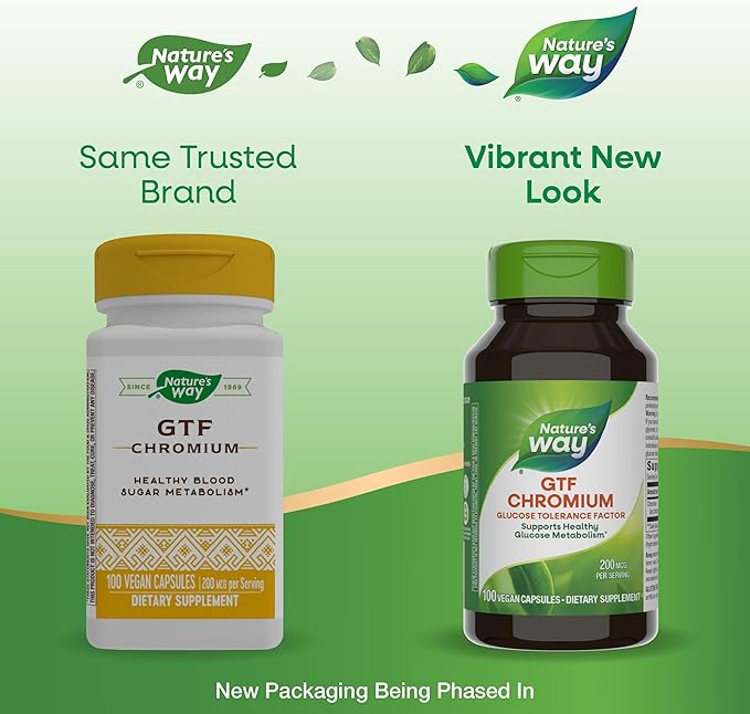 Nature's Way GTF Chromium, Glucose Tolerance Factor, Supports Healthy Glucose Metabolism*, 200 mcg Chromium per Serving, 100 Vegan Capsules (Packaging May Vary)
