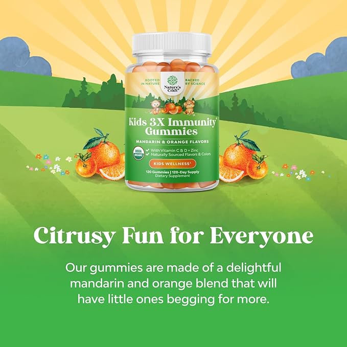 Natures Craft Organic Kids Immune Support Gummies - Vegan Organic Vitamin D Gummies for Kids with Vitamin C and Zinc for Immunity - D3 Zinc and C Gluten Free & Non GMO (120 Servings)