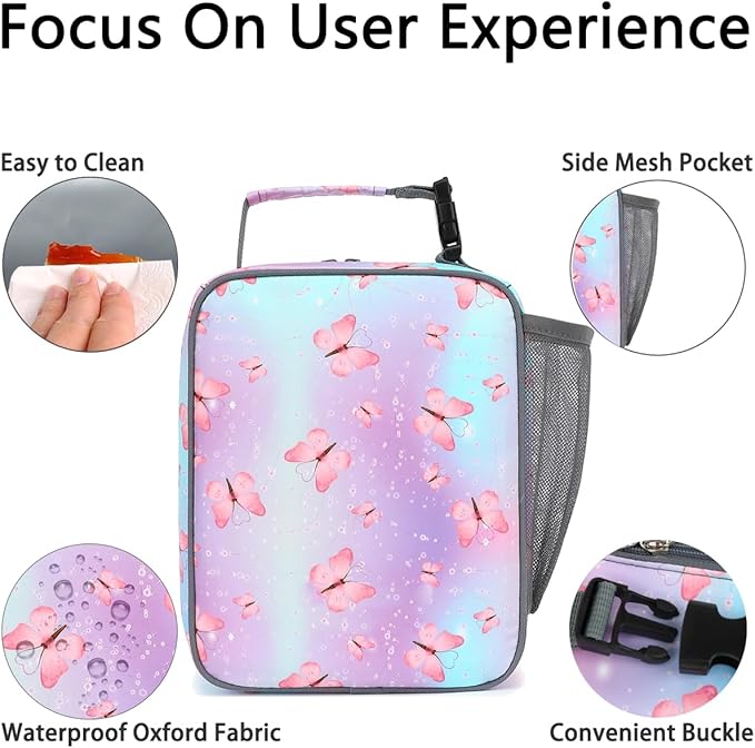 Lunch Box for Kids Boys Girls Men Women, Insulated Small Soft Cooler Lunch Bag Kit for School Work Picnic Travel - Reusable Portable lunchbox,Butterfly
