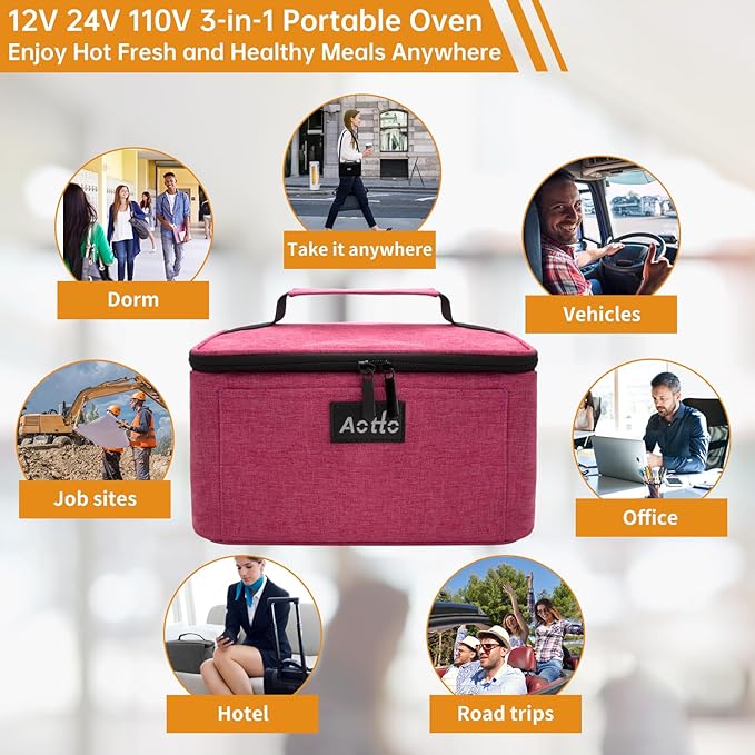 Aotto Portable Electric Lunch Box Food Heater, 12V/24V/110V 3-in-1 Car Food Warmer Heated Lunch Box for Adults, Cook, Reheat & Keep Meals Warm for Car, Truck, Travel, Work, Home - Pink