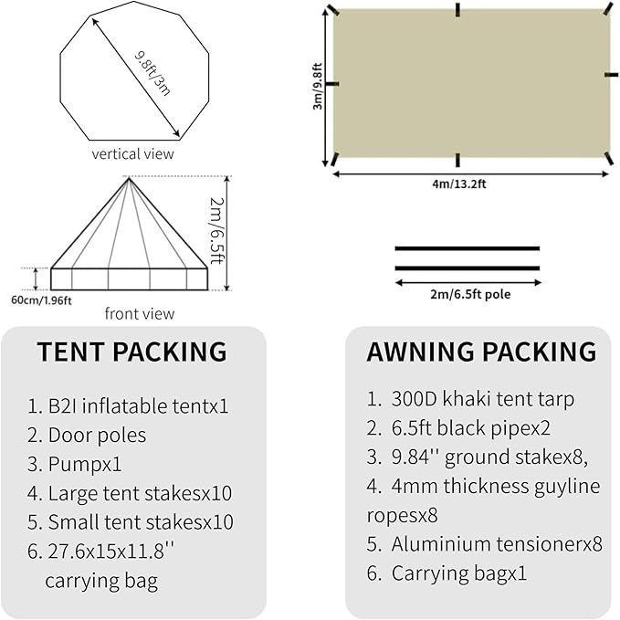 DANCHEL OUTDOOR B2I Waterproof Inflatable Camping Tent with Stove Jack for 1-3 Person, No Center Pole Portable Blow up Galmping Yurt with Pump, 300D Oxford Polyester Bell Tent Hiking, 29lbs, 3m