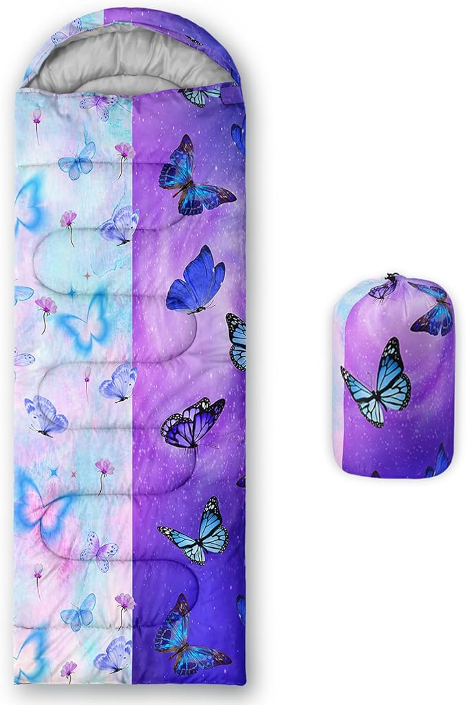 AILONEN Kids Floral Cat Camping Sleeping Bags,Lightweight & Waterproof,3 Season Warm & Cool Weather,Kawaii Kitten Sleeping Bags for Girls Adults,Travelling,Outdoors