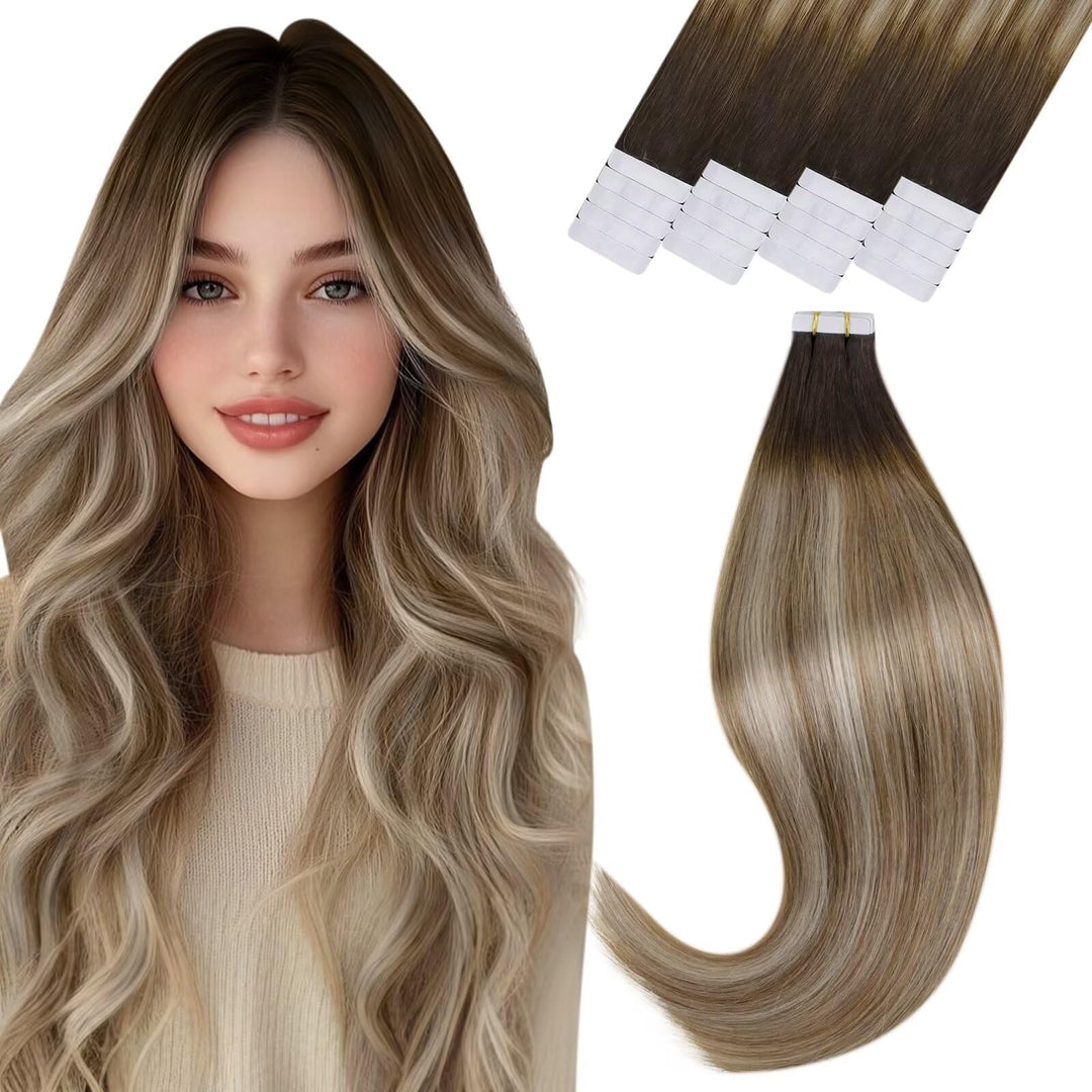 Vivien Tape in Hair Extensions Human Hair Balayage Brown Real Hair Extensions Tape in Dark Brown Fading to Light Brown Mix Light Blonde Human Hair Tape in Extensions for Woemn 12 Inch 20pcs 30G