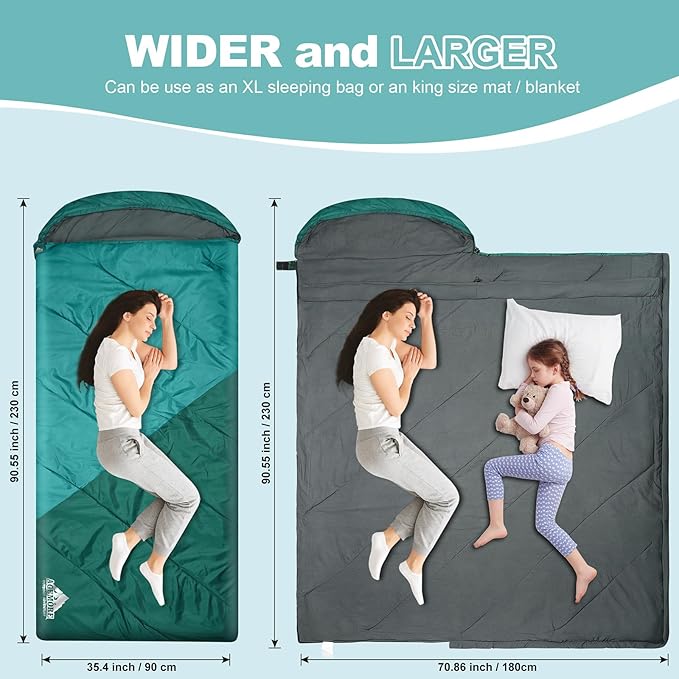 AGEMORE Sleeping Bag for Adults, Double and Single Size, Lightweight Portable Camping Sleeping Bag with Draft Tubes, Fit for Warm & Cold Weather Camping Hiking Backpacking Or Traveling