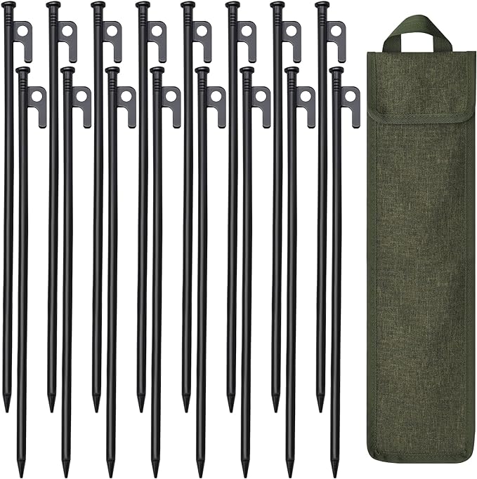 16 Pack Tent Stakes, 16in Tent Stakes Heavy Duty with Storage Bag, Forged Steel Tent Pegs for Camping Unbreakable and Inflexible(16pcs 16in Stakes)