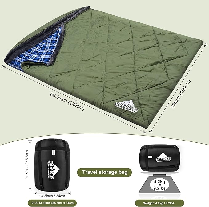 AGEMORE Cotton Flannel Double Sleeping Bag with Fleece Lined Hood, Waterproof Queen Size 2 Person Sleeping Bag for Adults Cold Weather Camping Backpacking or Hiking, 3-4season