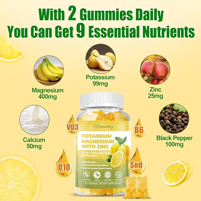 Potassium Supplement Gummies for Adults: Potassium Citrate 99 mg - Potassium Magnesium Supplement for Muscle, Electrolyte, Energy