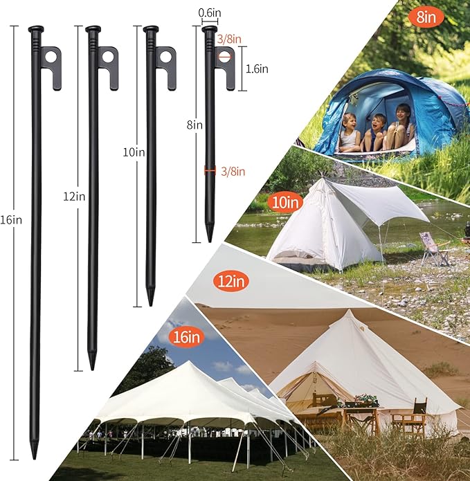 16pcs Tent Stakes and Hammer Set, 8in Heavy Duty Forged Steel Tent Stakes + Camping Hammer + Storage Pouch, Available in Rocky Place (16pcs 8in Stake+Hammer)