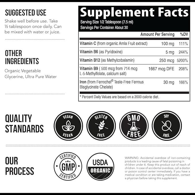 Liquid Iron Supplement | Organic Certified, Berry Flavor - Whole Food Vitamin C Absorption Boost & Blood Building B Vitamins - Methyl B12, L-Methylfolate & B6 - Supports Healthy Iron Levels - 7.6 oz