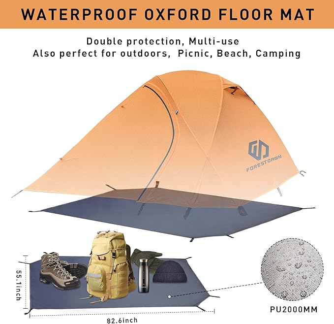 2 Person Camping Tent with 3 Aluminum Alloy Poles, 4 or 3 Season Waterproof Tent, Double Layer,Easy Setup, 2 Doors for Outdoor Hiking,Mountaineering,Survival,Travel