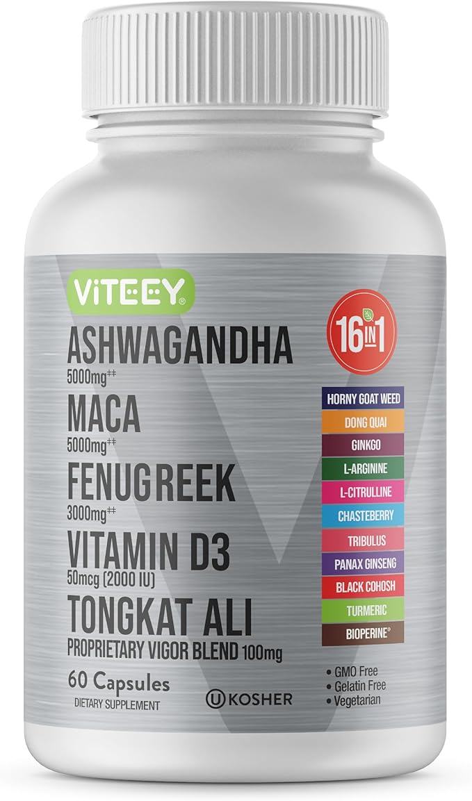 Ashwagandha 5000mg, Black Maca Root 5000mg, Fenugreek 3000mg, Vitamin D3 2,000 IU with Tongkat Ali & Proprietary Vigor Blend 100mg - Calm, Relax, Mood Support for Women & Men - 60 Capsules