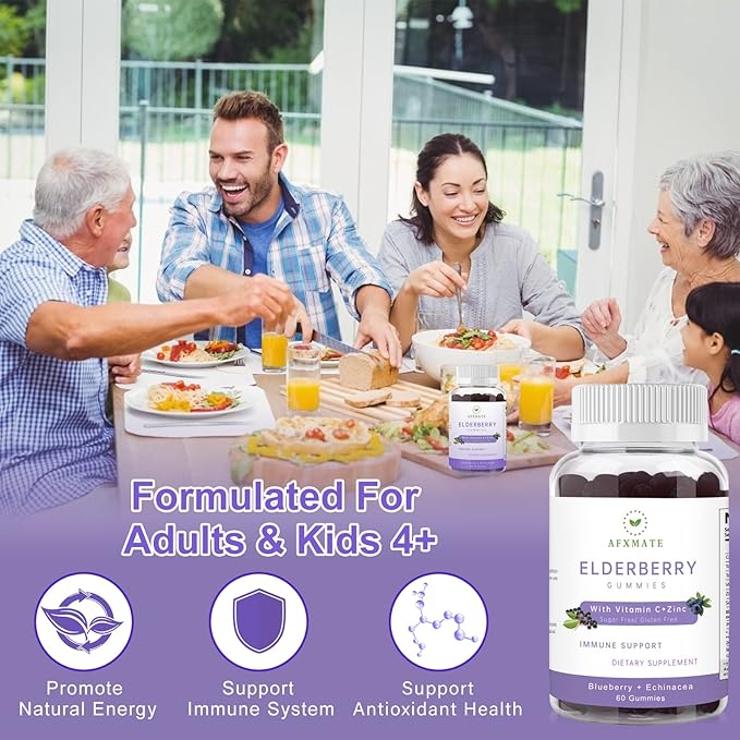 AFXMATE Sambucus Elderberry Gummies, Black Elderberry Gummy with Zinc and Vitamin C for Adults, Sugar Free Kids Multivitamin Gummies Immune Support* Supplement (2 Pack)