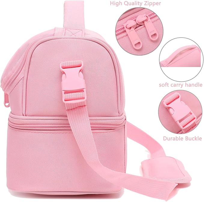 FlowFly Double Decker Cooler Insulated Lunch Bag Large Tote for Boys, Girls, Men, Women, With Adjustable Strap,Pink