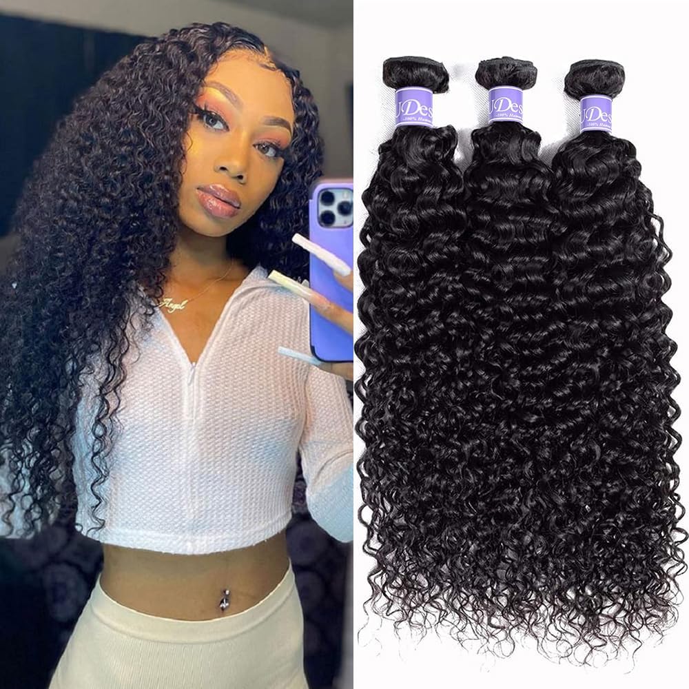 UDesire Curly Bundles Human Hair 3 Bundles 12A Grade Curly Human Hair Bundles Virgin Hair Weave Bundles Jerry Curly Unprocessed Hair Extensions Natural Black 16 18 20 inch 285g/pc