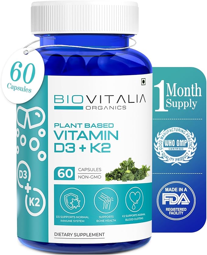 Biovitalia Plant Based Vitamin D3 + K2 60 Capsules for Men & Women | Dietary Supplement | Supports Immune System & Bone Health | Promotes Calcium Absorption - 60 Vegan Capsules