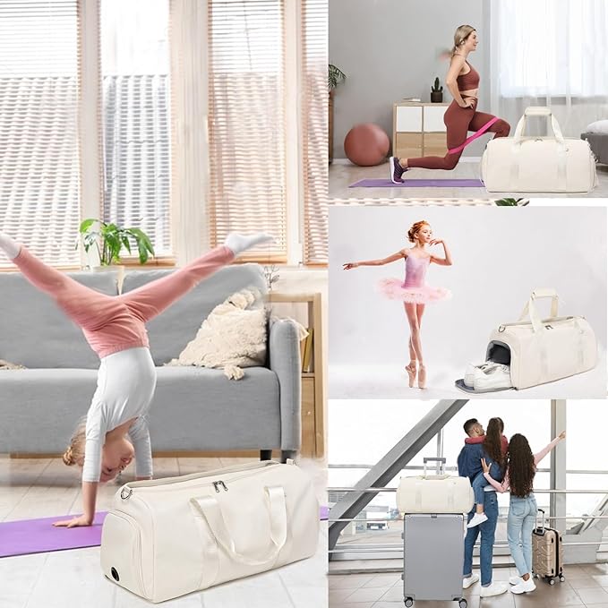 Dance Bag for Girls Ballet Bag Gym Bag Sports Travel Duffle Overnight Weekender Bag Water Resistant Yoga Bags with Shoes Compartment Beige
