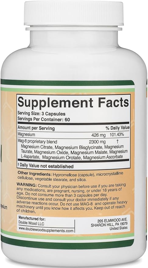 Magnesium Complex Supplement 180 Capsules (436mg Elemental Magnesium Provided by 2,300mg of Eight Different Forms of Magnesium) MAG-8 Provides 100% Daily Recommended Value of Magnesium by Double Wood