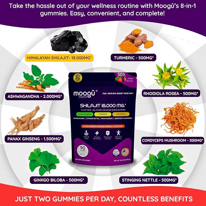 18,000mg Moogu Pure Himalayan Shilajit (90 Gummies) Ashwagandha, 75%+ Fulvic Acid & 85+ Trace Minerals I Men,Women I Panax Ginseng, Rhodiola, Turmeric, Gingko, Biloba, Cordyceps, Stinging Nettle.