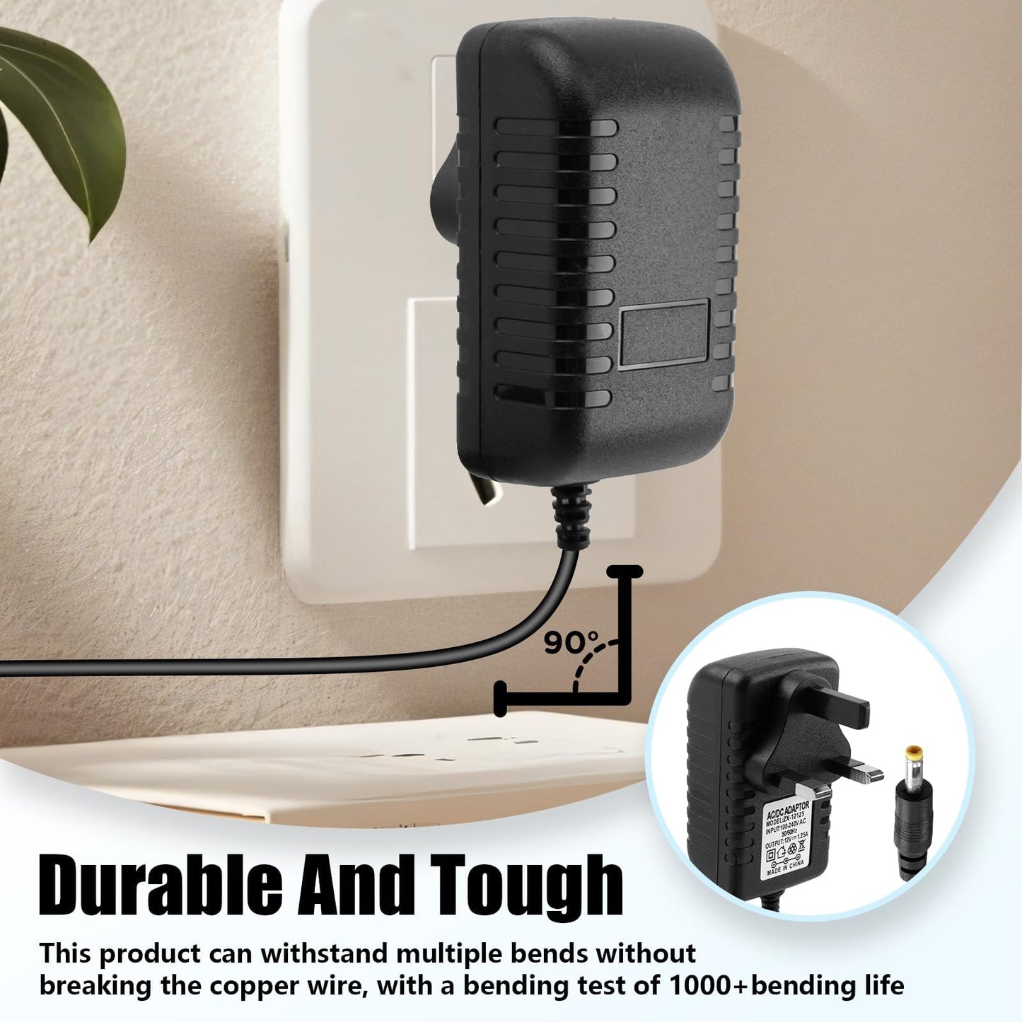 12V 1.25A Power Supply Charger， Compatible with Echo Dot 3rd/4th/5th Gen and Echo Dot with Clock 15W Power Cable Adapter with 4.0x1.7mm Plug for Smart Devices Durable 6.5FT Cord for Home or Office