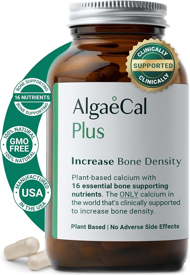 ALGAECAL Plus – Organic Red Algae Calcium Supplement, Vitamin K2 MK7 (100mcg), Vitamin D3 (1600 IU), Magnesium (350mg), Trace Minerals, Plant-Based Bone Strength, Easy to Swallow, 120 Veggie Caps