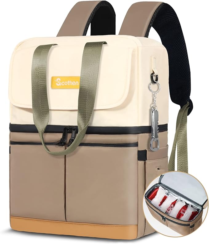 Backpack Cooler with Double Decker & 12 Ice Packs- Keeps 36 Cans Cold for Up to 24 Hours- Waterproof & Leak Proof Insulated Cooler Backpack- Stylish Cooler Bookbag for Women Travel Work Beach