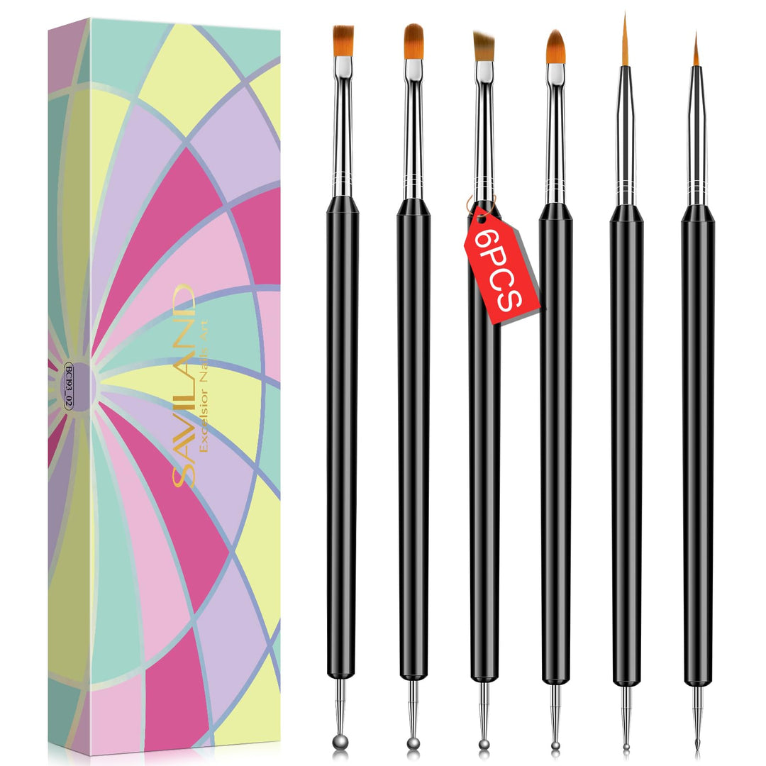 SAVILAND Nail Art Brushes Set - 6pcs Double-End Nail Art Tools Professional Nail Art Kit Dotting Tools Line Pen Painting Brushes for Gel Polish Nail Design French Manicure