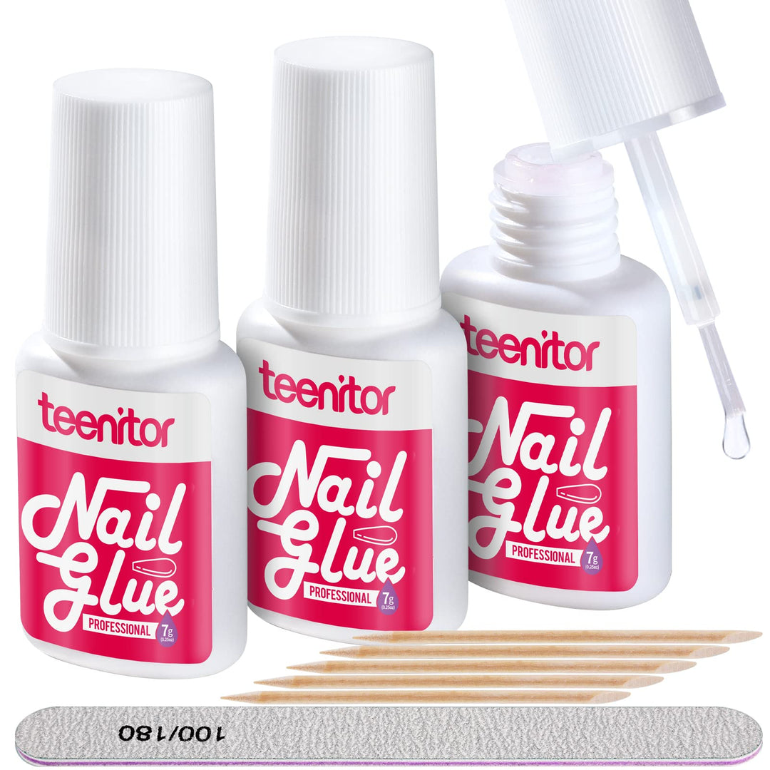 Teenitor Nail Glue For Press Ons, 3 Pack Best Nail Glue For Gel Tips With Nail Files, Super Strong Nail Glue For Broken Nail Bru