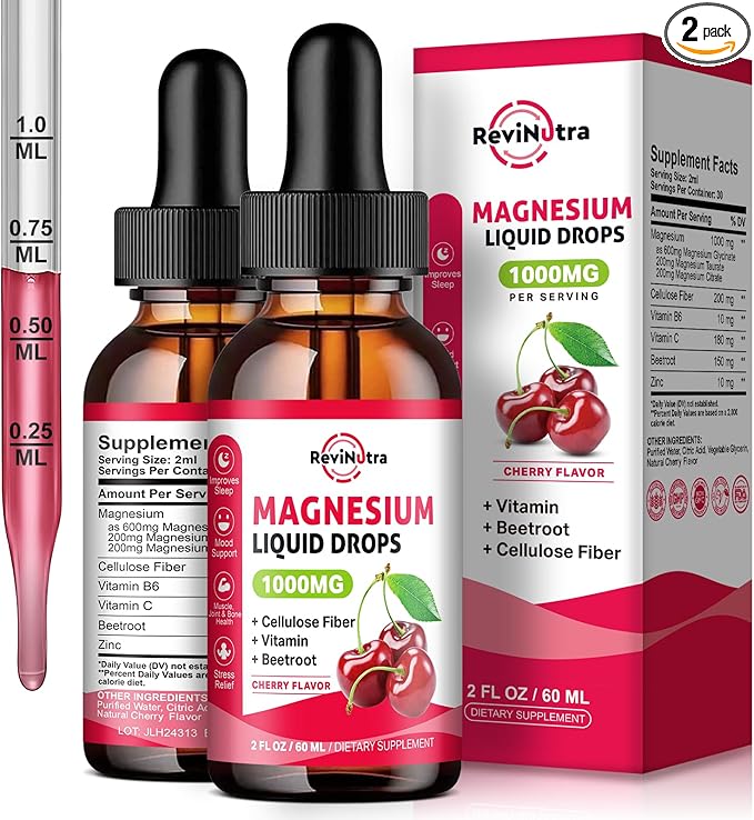 2 Pack Magnesium Glycinate Liquid Drops, 1000mg of Magnesium Glycinate, Taurate & Citrate Liquid Drops for Bone, Sleep, Calm, Muscle, Energy & Relaxation, High Absorption, Sugar-Free Cherry Flavor
