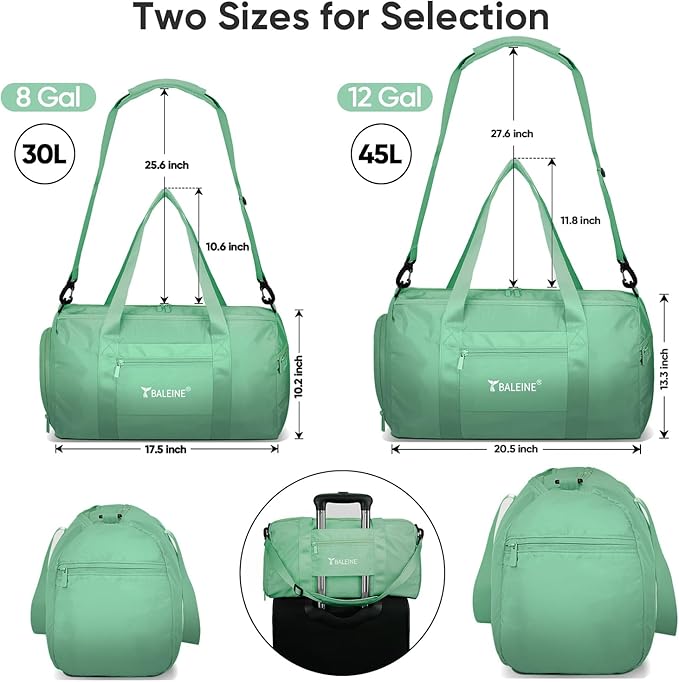 BALEINE Gym Bag for Women and Men, Duffel Bag for Sports, Gyms and Weekend Getaway, Waterproof Dufflebag with Shoe and Wet Clothes Compartments, Lightweight Carryon Gymbag (Green)