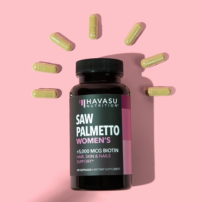 Saw Palmetto for Women with Biotin 5000mcg - Powerful DHT Blocker to Support Hair, Skin, and Nail Health - 60 Count - Vegan, Non-GMO Vitamin for Stronger, Fuller Looking Locks - 1 Month Supply