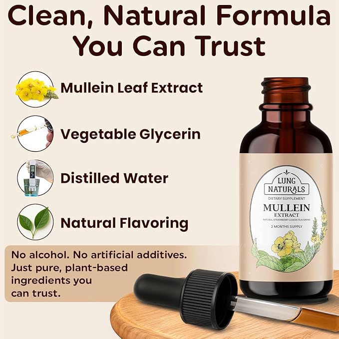 Lung Naturals Mullein Drops for Lungs, 10:1 Concentrated Mullein Leaf Extract for Respiratory Health, Natural Strawberry & Lemon Flavor, Alcohol-Free, 2-Month Supply, 60 Servings