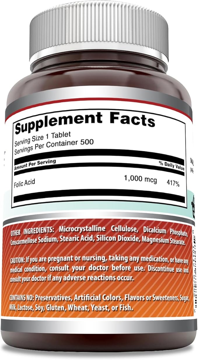 Amazing Formulas Folic Acid 1000 Mcg (1 Mg) Tablets Supplement | Vitamin B9 | Non-GMO | Gluten Free | Made in USA (500 Count)
