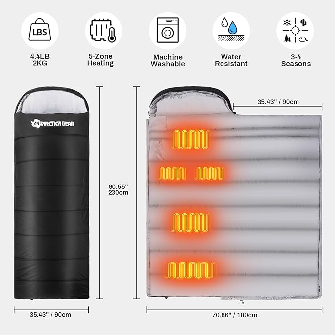 Antarctica Gear Heated Sleeping Bag, 5pcs Heating Areas Sleeping Bags with 16000mAh 12V Battery Pack, 3 Adjustable Heating Levels Cold Weather Sleeping Bag for All Season Hiking & Camping
