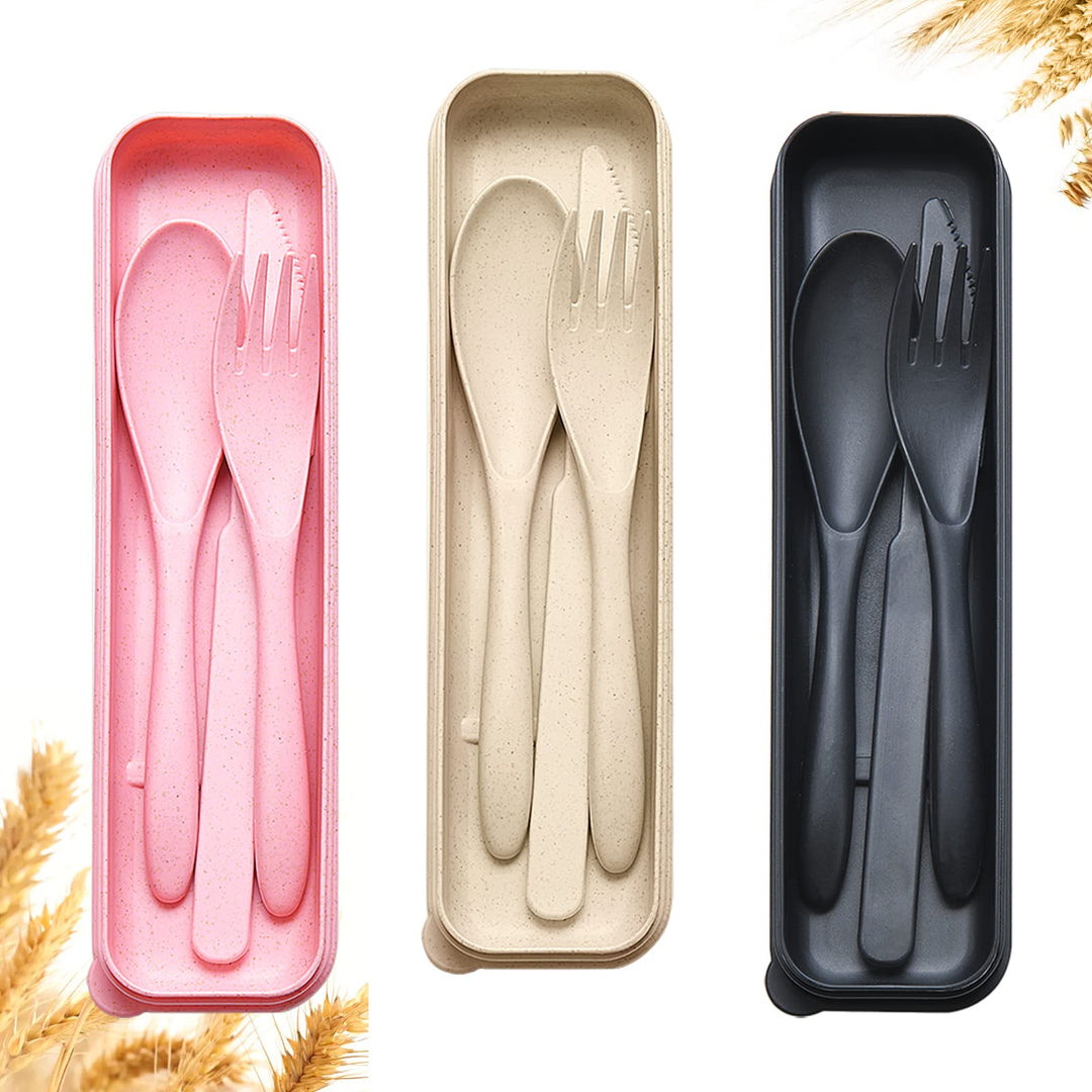 Reusable Travel Utensils Set with Case, 3 Sets Wheat Straw Portable Knife Fork Spoons Cutlery, Eco-Friendly BPA Free Plastic Tableware for Kids Adults Travel Picnic Camping Utensils