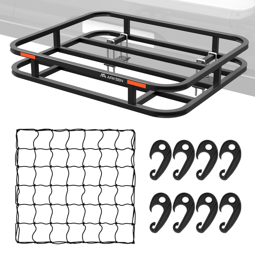 ARKSEN 32 x 26 Inch Bumper Mounted Cargo Rack Carrier with Nylon Net 350 Lbs Heavy Duty Capacity Luggage Basket Hitch Fold Up for RV, Camping, Traveling