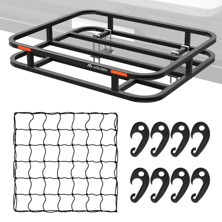 ARKSEN 32 x 26 Inch Bumper Mounted Cargo Rack Carrier with Nylon Net 350 Lbs Heavy Duty Capacity Luggage Basket Hitch Fold Up for RV, Camping, Traveling