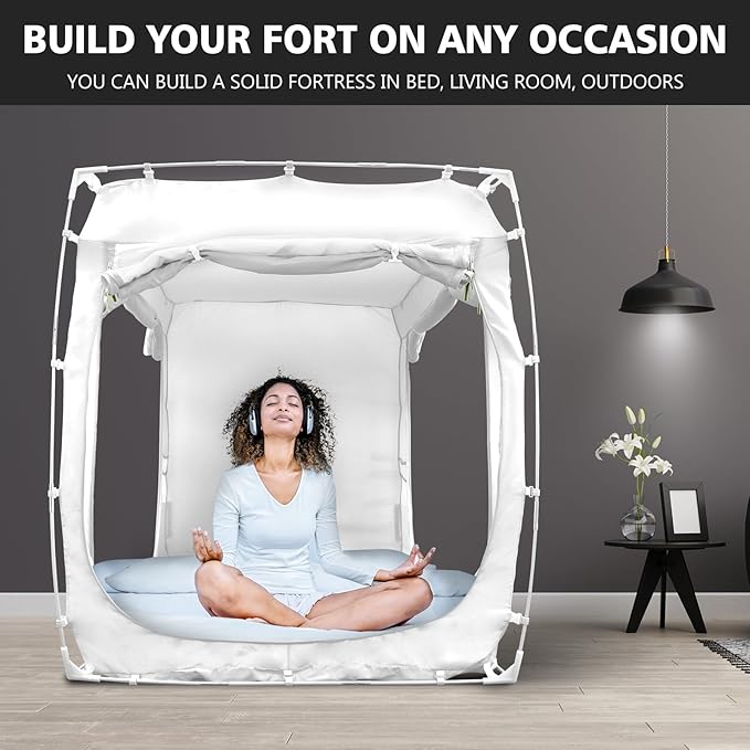 Bed Tent Bed Canopy Twin Size Tents for Adult and Kids- Portable Dream Tent Indoor Sleeping Tents 70% Blackout with 3 Doors Breathable Big Space Tents, White, WZ01-S-White